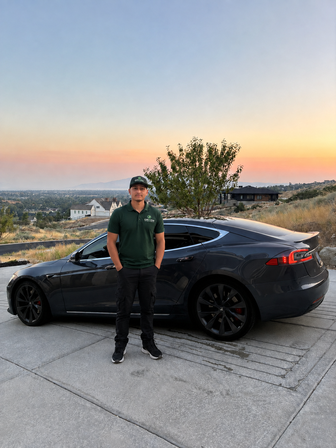 Conner, owner of Green Mobile Auto Detailing, standing beside a freshly detailed Tesla at sunset in Utah County