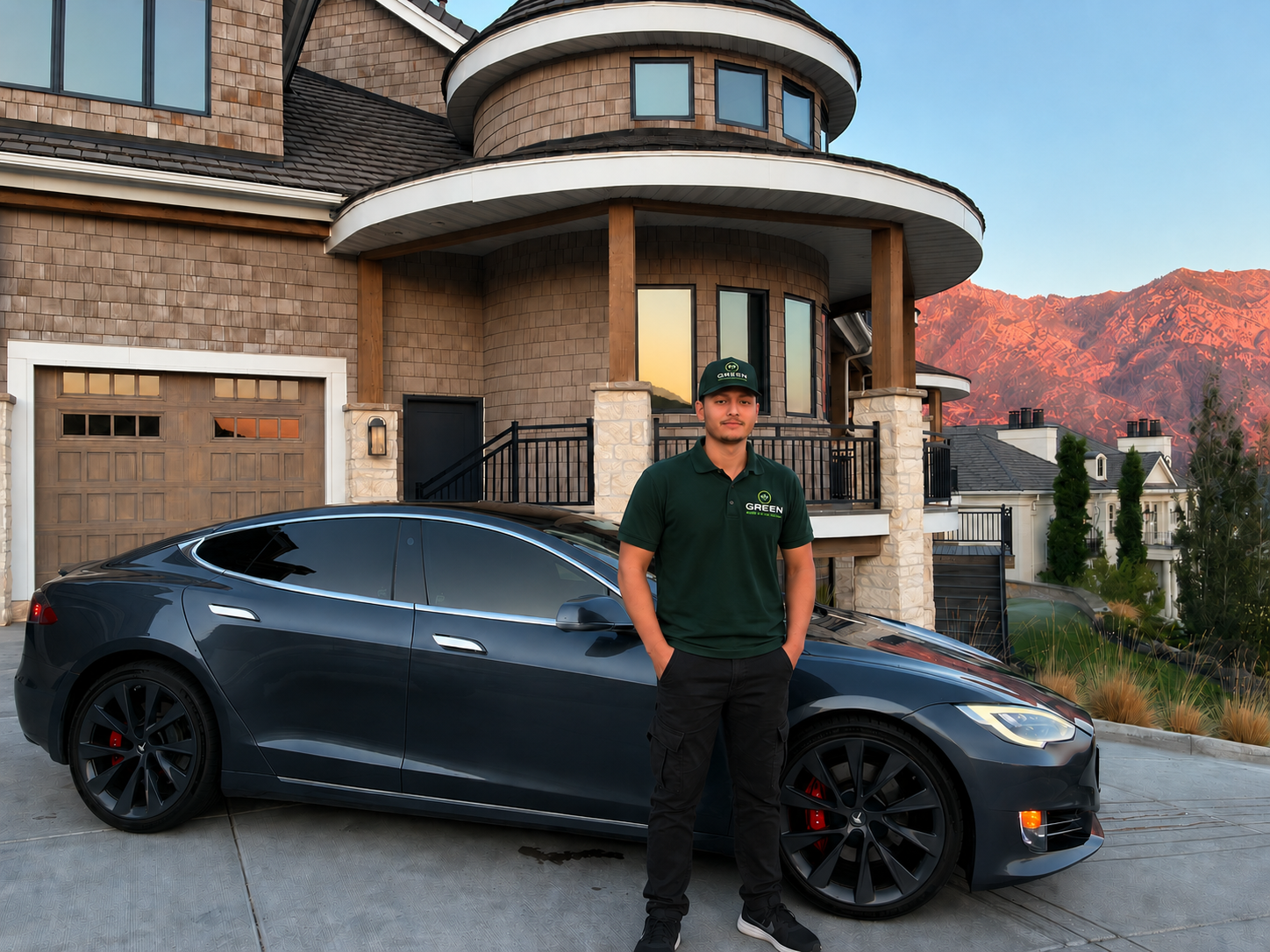 Conner of Green Mobile Auto Detailing beside a freshly detailed Tesla in a Utah County driveway