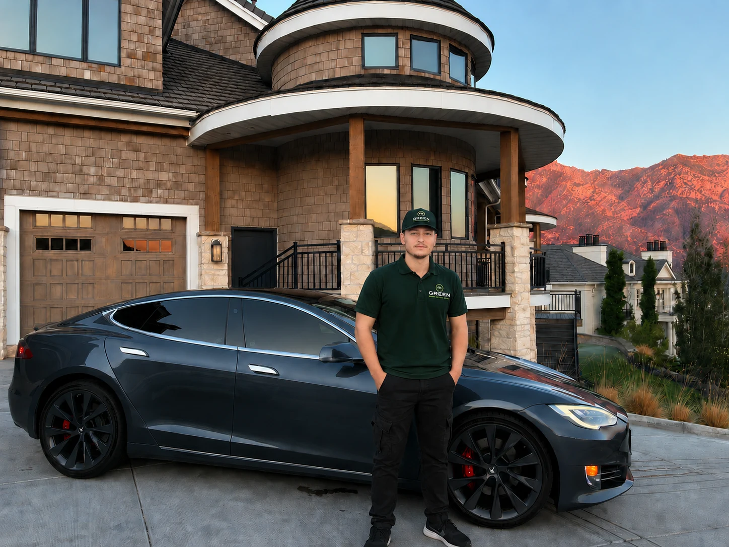 Conner of Green Mobile Auto Detailing beside a freshly detailed Tesla in a Utah County driveway