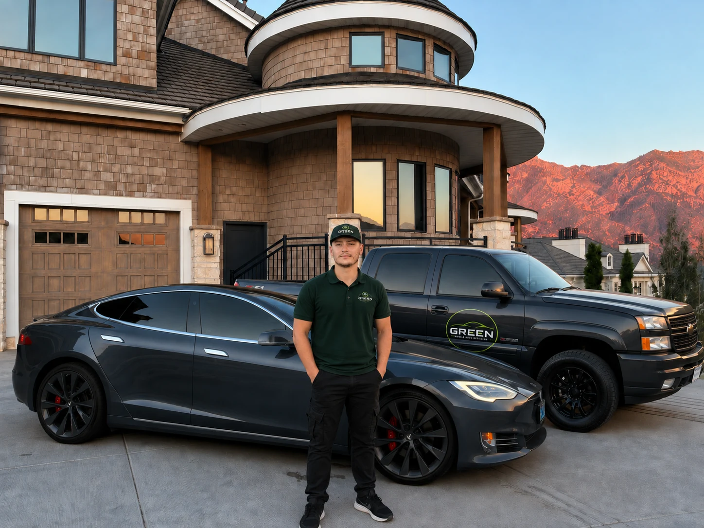 Conner of Green Mobile Auto Detailing with his branded truck beside a freshly detailed Tesla in Utah County